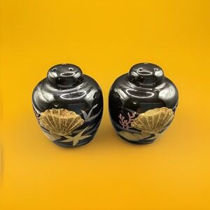 Vintage Pair of Black and Gold Seashell Coral Starfish Salt & Pepper Shakers